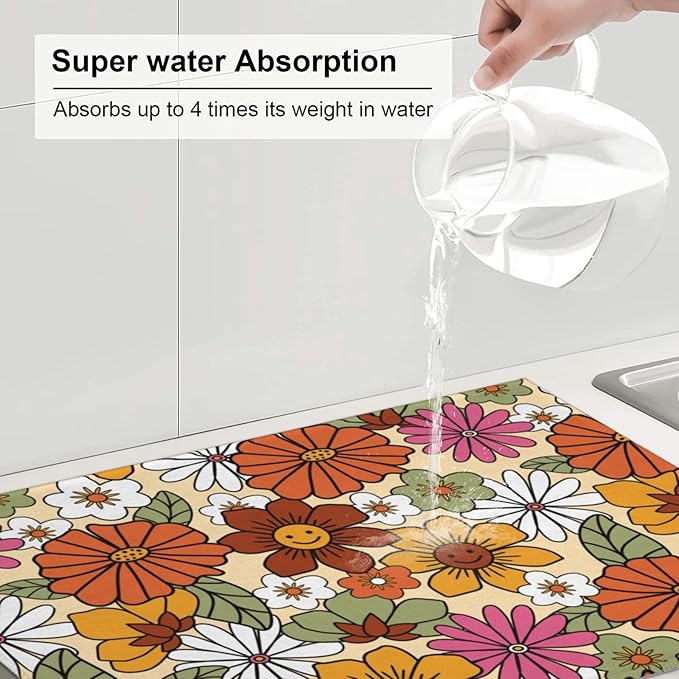 Boho Flowers Dish Drying Mat for Kitchen Counter,Retro 70s Groovy Daisy Dish Mat Microfiber Drying Pad Dish Drainer Mats for Countertop Coffee Bar 18x24 Inch