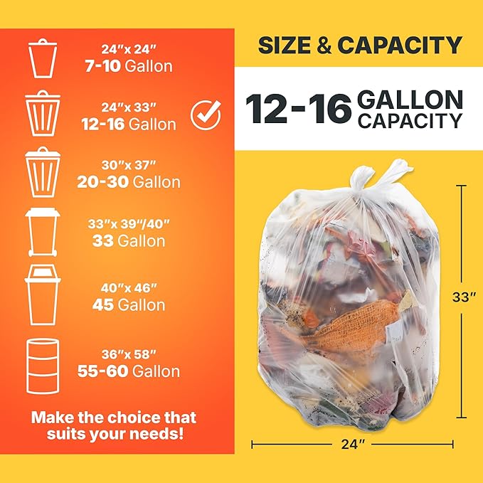 Bagtron 12-16 Gallon Trash Bags, 8 Micron High Density Garbage Can Liners Bulk, 24" x 33", Natural Clear, 1000 Count