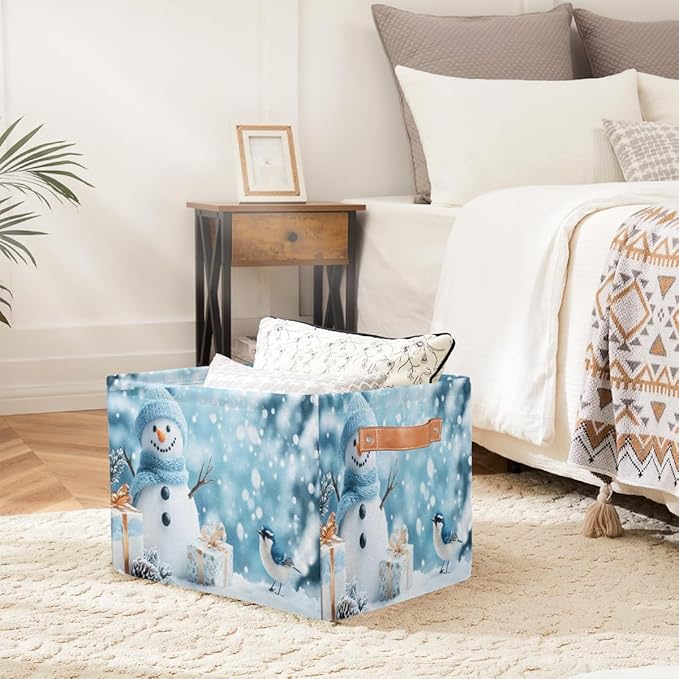 Storage Baskets Bin, Christmas Winter Snowman Collapsible Canvas Fabric Storage Bin Decorative Baskets Toy Organizer Rectangle Storage Boxes with Handles for Home Shelves Nursery, J-016