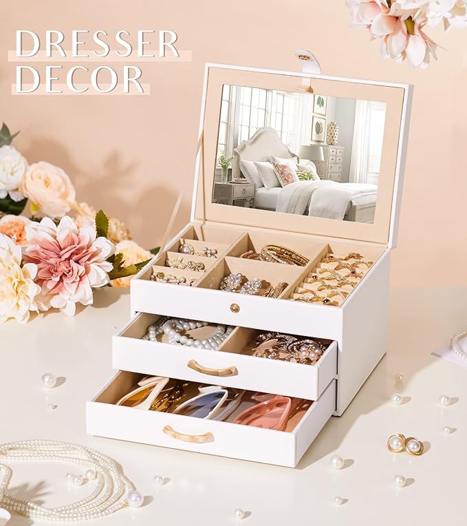 White Jewelry Box Organizer: Home Decor for Women - 2-Drawer Holder for Valentine’s Day Birthday Gift White Gold