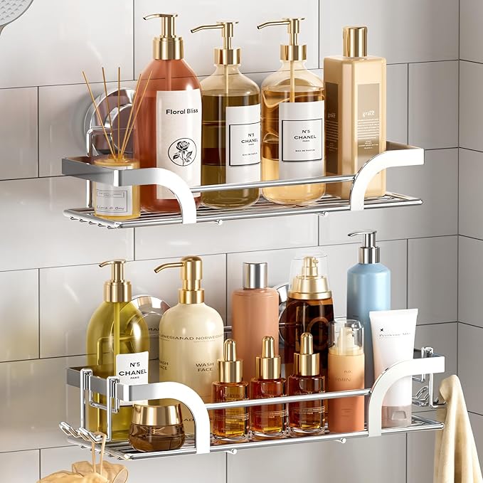 TAILI Shower Caddy Suction Cup 2 Pack, Heavy Duty Bathroom Basket, Bath Shelves for Inside,Stainless Steel Shower Holder Organizer for Bathroom Storage & Home Decor,No Drilling,Silver