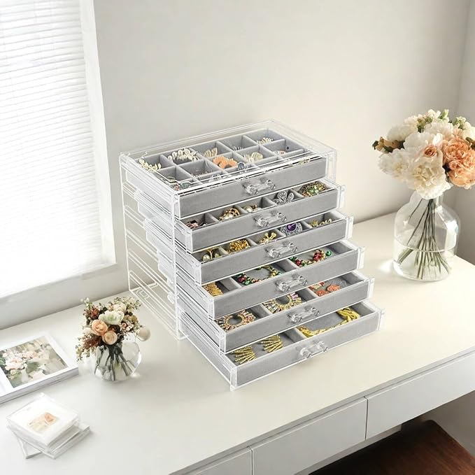 Acrylic Jewelry Box with 6 Drawers, Clear Earring Storage Organizer Display Case for Women Girls, Gray