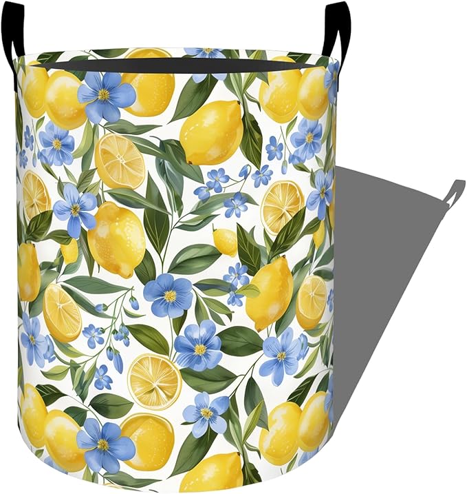Fresh Lemons and Blue Flowers Laundry Basket with Handles, 19.7"x15.7" Clothes Foldable Laundry Hamper Organizer for Dorm Nursery Bedroom Bathroom Decor, Toy Storage Bin for Kids