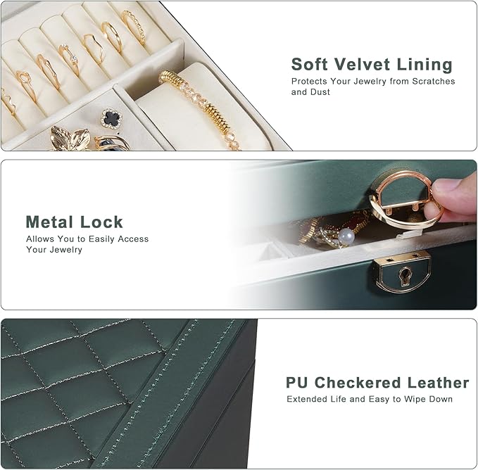 GUOER Jewelry Box for Women Girl Wife 3 Layers Large PU Leather Jewelry Organizer Storage Case with Two drawers Display for Earrings Bracelets Rings Watches (Hunter Green)