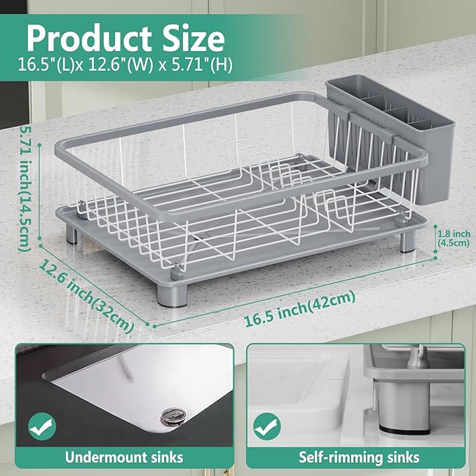 Hiviweer Dish Drying Rack - Space-Saving Dish Rack,Dish Racks for Kitchen Counter with Drainboard, Rustproof Dish Drainer with a Removable 4-Compartment Utensil Holder,Gray