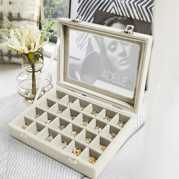 Velvet Jewelry Box 24 Grid Jewelry Earrings Display Organiser Box Ring Tray Holder Earrings Storage Case for Girls Women Wife Mom (Beige)