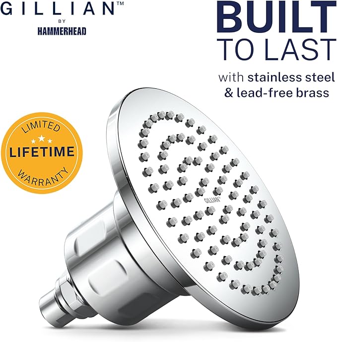Gillian™ by HammerHead High Pressure Shower Head with Filter – Genuine KDF-55 Metal Hard Water Filtering Shower Head, Healthier Skin & Hair – 6-Inch Rainfall Shower Head with Filters, Chrome