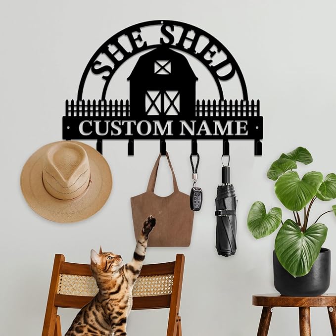 Personalized She Shed Metal Keys Hooks,Custom Name Keys Hooks,Black Wall Home Storage Decorative Hooks,Key Holder for Wall (Style C)
