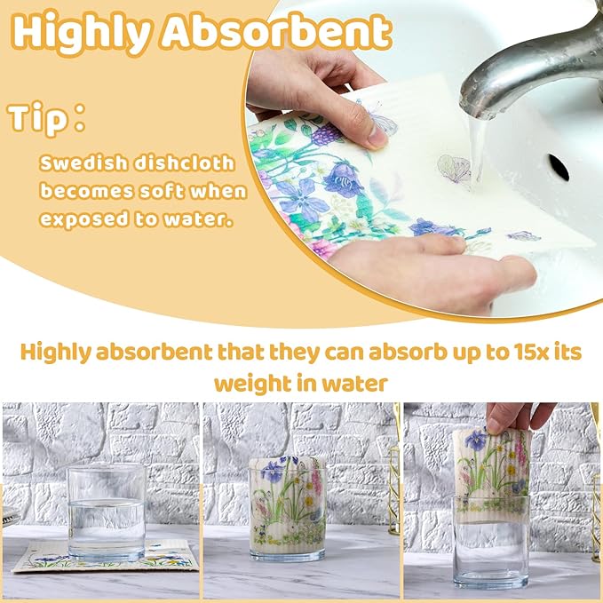 Needbrock 6 Pack Swedish Dishcloths for Kitchen, Absorbent Dish Cloths Swedish Rags Dish Towels with Adhesive Clips, Reusable Paper Towels No Odor for Cleaning Kitchen Valentines Gifts for Women