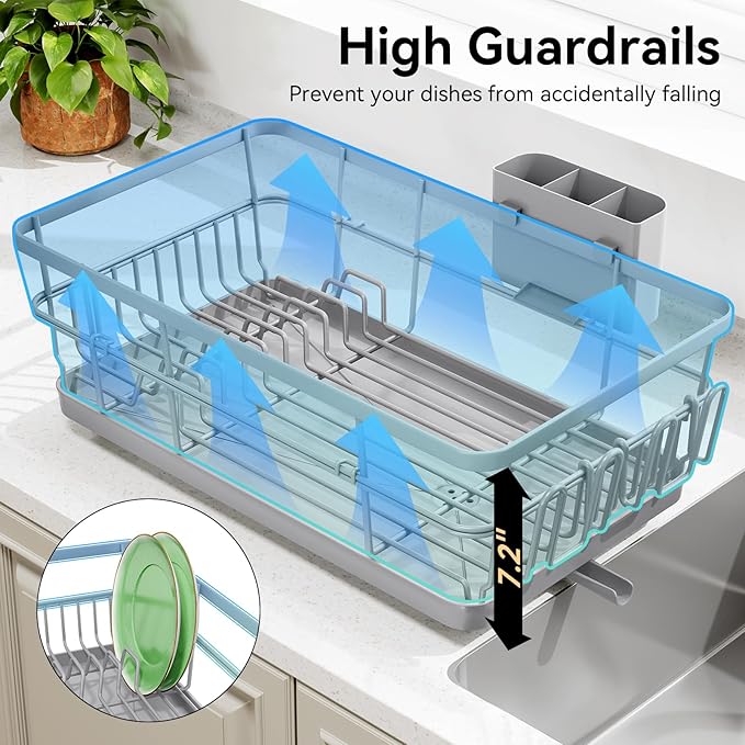 TOOLF Large Dish Drying Rack for Kitchen Counter,Kitchen Dish Racks with Drainboard,Sink Dish Strainer Rack,Countertop Dish Drainer Rack with Cup & Utensil Holders,Gray