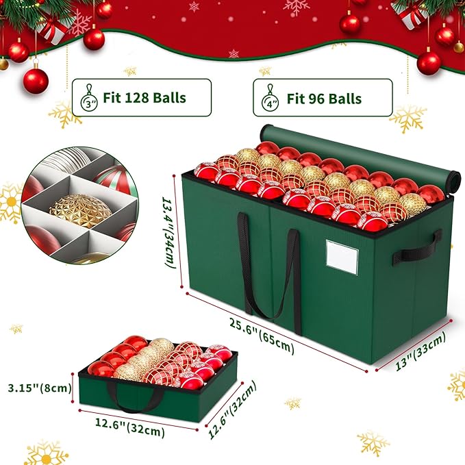 Christmas Ornament Storage Box - Large & Sturdy Christmas Storage Container with Adjustable Dividers, 8 Individual Trays and Handles, Holds up to 128 Holiday Decorations (Green)