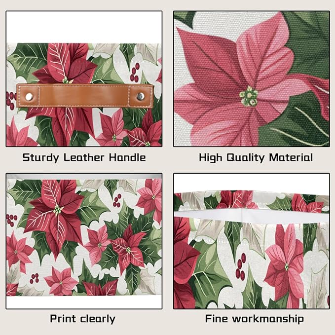 Storage Baskets Bin, Christmas Winter Poinsettia Collapsible Canvas Fabric Storage Bin Decorative Baskets Toy Organizer Rectangle Storage Boxes with Handles for Home Shelves Nursery, J-002