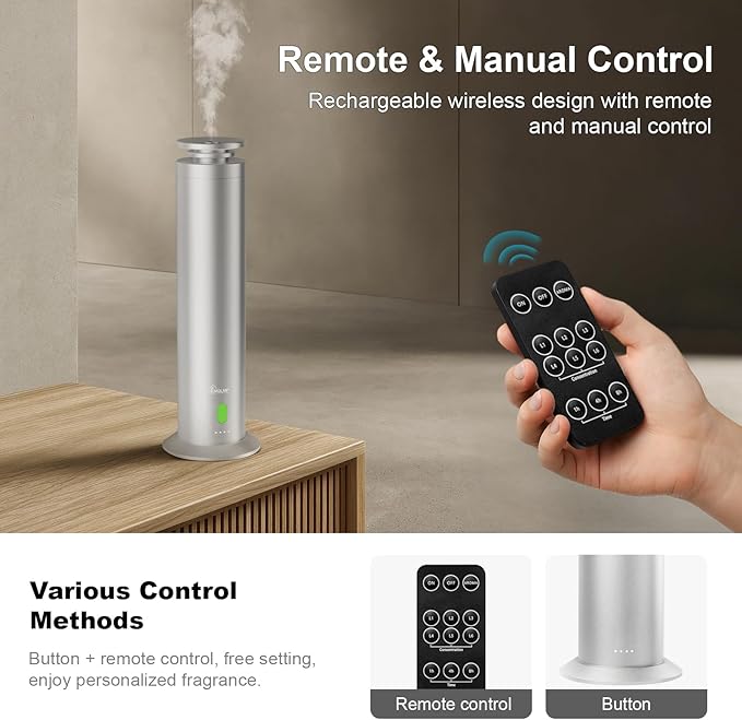 Hotel Collection Diffuser Machine,Remote,Rechargeable,Whisper-Quiet,Aluminum,1500 Sq Ft,Waterless Essential Oil Diffuser - Matte Silver