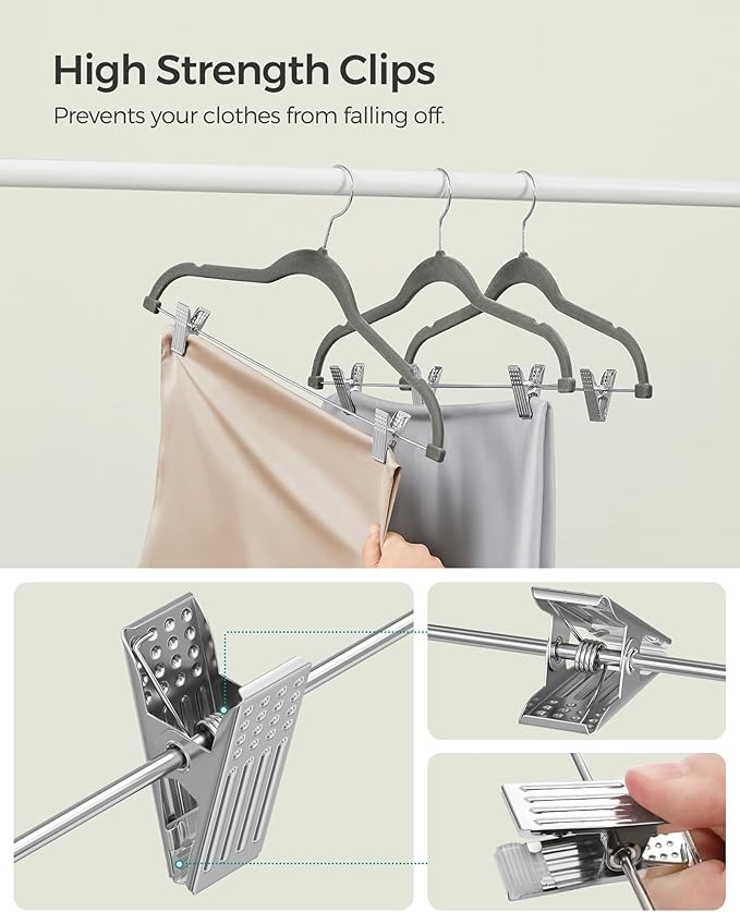 SONGMICS 30 Pack Pants Hangers, 16.7 Inches Long Velvet Trousers Hangers with Adjustable Clips, Heavy-Duty, Non-Slip, Space-Saving for Pants, Skirts, Coats, Dresses, Tank Tops, Gray UCRF12V30