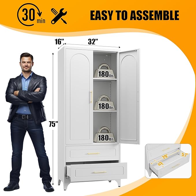 Metal Storage Cabinet with Doors and Shelves, 75" Tall Kitchen Pantry Storage Cabinets with 2 Drawer, White Food Pantry, Steel Office Cabinet, Large Cupboard, for Kitchen, Dining, Living Room