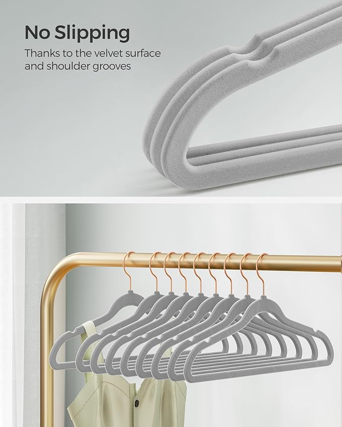 SONGMICS Slim Velvet Hangers, Non-Slip Clothes Hangers with Rose Gold Swivel Hooks, Space-Saving, for Closet, 50 Pack, Dove Gray UCRF026G50