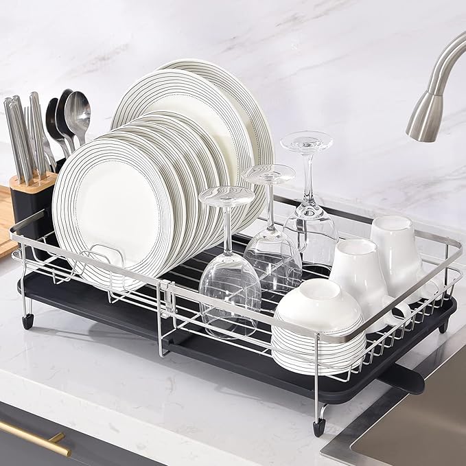 Expandable Dish Rack, Dish Drying Rack for Kitchen Counter, Foldable Dish Dryer Rack, Stainless Steel Dish Drainer Racks with Cutlery Holder, Collapsible Dish Drying Racks Standard Size, Silver