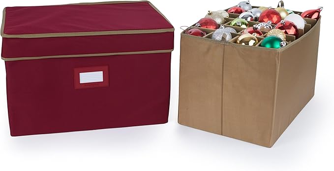 Covermates Keepsakes Adjustable Ornament Storage Box – Heavy-Duty Polyester, Padded Dividers & FlexGrid Trays – Protective Holiday Organizer with Stackable Walls & Label Window, Red