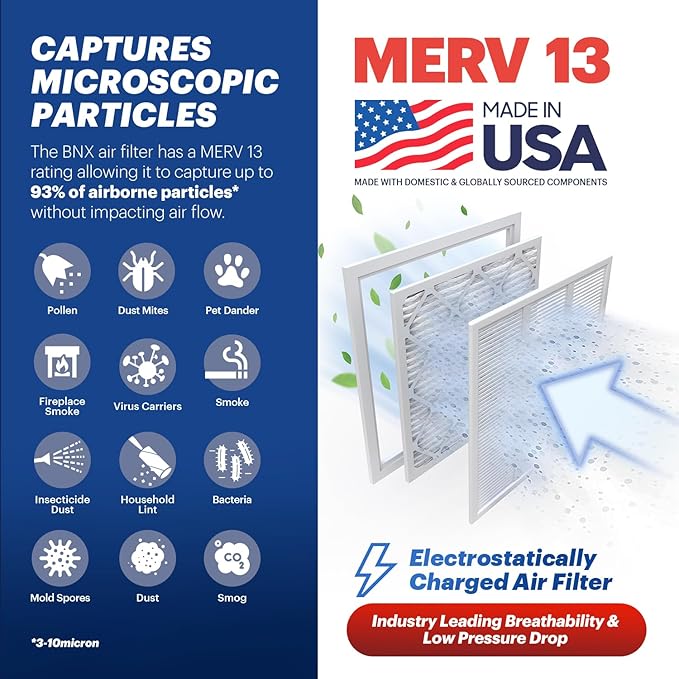 BNX TruFilter 16x24x1 Air Filter MERV 13 (6-Pack) - MADE IN USA - Electrostatic Pleated Air Conditioner HVAC AC Furnace Filters for Allergies, Pollen, Mold, Bacteria, Smoke, Allergen, MPR 1900 FPR 10