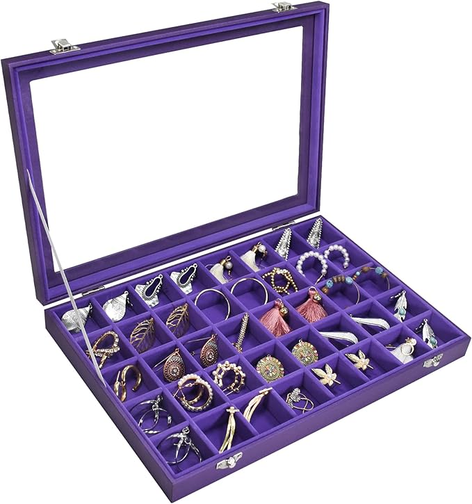 Jewelry Tray Organizer Box 40 Grid Jewelry Display Organizer Box with Transparent Lid Rings Earrings Necklaces Pendants Display Box Suitable for Women and Girls (40 Grid, Purple)