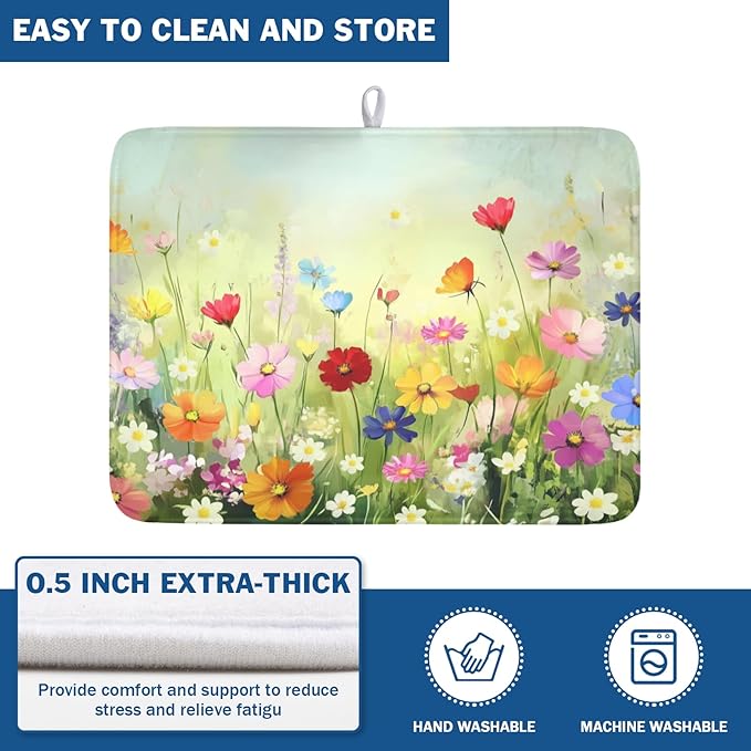 ABSOP Spring Summer Daisy Dish Drying Mat 18 x 24 Inch Colourful Floral Pattern Dish Drainer Rack Mat Absorbent Microfiber Mats Holiday Dish Pad for Kitchen Coffee Dining Bar Decor