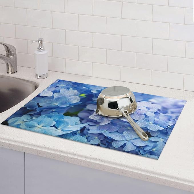 Absorbent Dish Drying Mat, Blue Purple Hydrangea Flowers Microfiber Pad Reversible Dish Drainer Mats Plate Hold for Kitchen Counter, Coffee Bar Decor, Heat Resistant, 18" x 24"