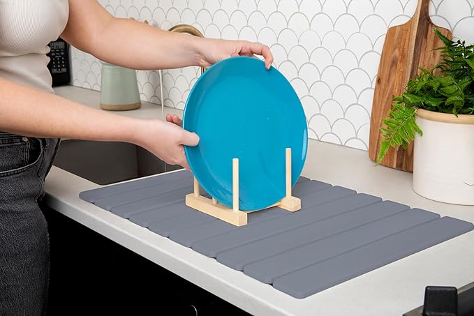Hycrest HavenMat – Large Stone Dish Drying Mat (24”x16”) with Bamboo Rack & Brush | Quick-Dry Diatomite Counter Mat for Dishes, Glassware, Plants & Pets | Grey Kitchen Drying Stone (Grey)