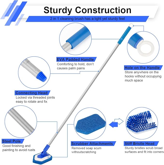 Lalafancy Bathroom Scrubber with Extendable Long Handle 50'' -3-in-1 Tub and Tile Cleaning Brush Interchangeable Head Attachment Shower Scrubber for Cleaning Bathroom Shower Bathtub Floor