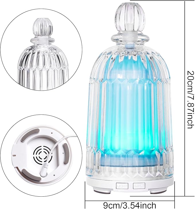 120ml Glass Essential Oil Diffuser, Ultrasonic Aroma Diffuser Glass Cover & Plastic Reservoir with Auto Shut-Off, 7 Colors LED Light for Home, Bedroom, Office, Yoga(White Base)
