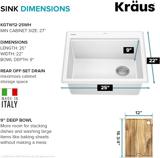 KRAUS Bellucci 25-inch Granite Workstation Drop In Top Mount Single Bowl Kitchen Sink in White with Accessories, KGTW12-25WH
