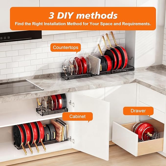 HuuDraLono Pot and Pan Organizer Rack for Under-Cabinet Storage - Adjustable Kitchen Cabinet Organizer with 13 Dividers, Expandable Cutting Board Holder & 6 Non-Slip Silicone Pads-Black