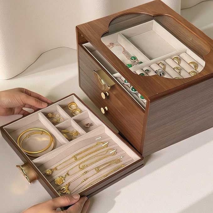 Black Walnut Jewelry Box for Women, 4-Layer Wooden Organizer with Glass Lid, for Watches, Necklaces, Rings & Earrings Storage Gifts