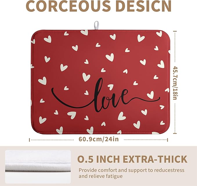 Wnoesat Valentines Day Dish Drying Mat 18x24 Inch Valentine Red Love Heart Drying Mats for Kitchen Counter Super Absorbent Microfiber Large Dish Drying Pad Heat Resistant Dish Draining Rack Mat