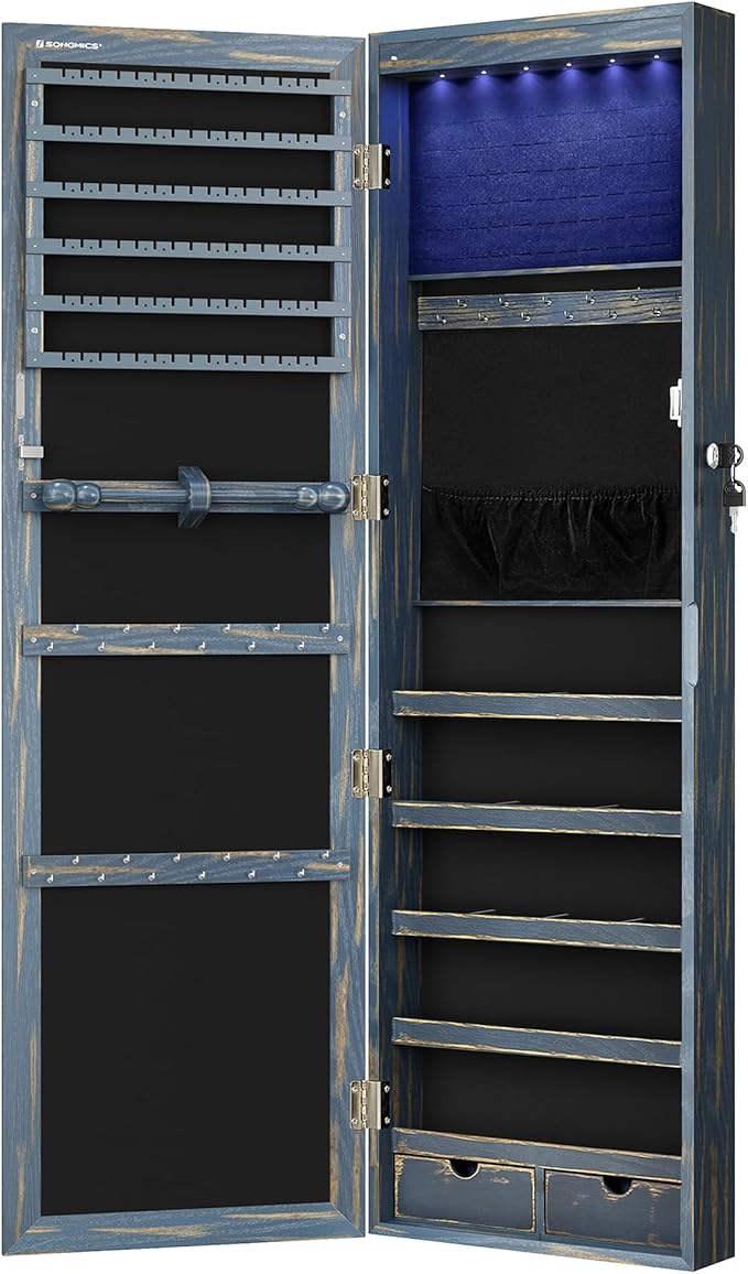 SONGMICS 6 LEDs Mirror Jewelry Cabinet, 47.2-Inch Tall Lockable Wall or Door Mounted Jewelry Armoire Organizer with Mirror, 2 Drawers, 3.9 x 14.6 x 47.2 Inches, Rustic Blue UJJC93IN