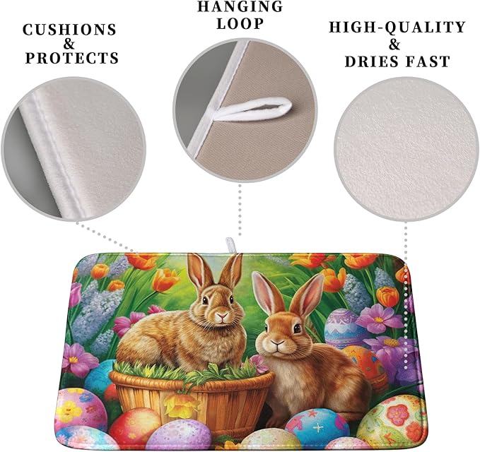 Kwlegh Easter Bunny Eggs Dish Drying Mat for Kitchen Counter, Tulip Floral Flower Drying Mat Spring Summer Holiday Dish Mat Drying Kitchen Mat Absorbent Kitchen Drying Mat for Sink 16x18Inch