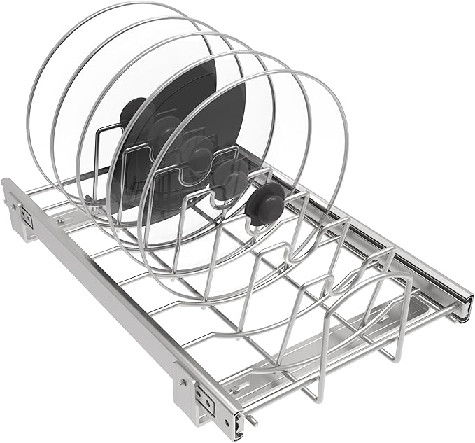 STORKING Slide Out Pan and Pot Lid Organizer For Under Cabinet, Wire Dividers Kitchen Pull Out Pot Lid Rack Organization And Storage, Full-Extension Rail, 12" W X 20" D