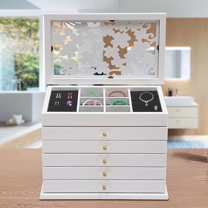 Wood Jewelry Box 6-Tier Large Jewelry Organizer Cabinet with 5 Drawers Women Girls Storage Display Case for Necklace Rings Earrings Accessories, with Mirror and Lock (Without Mirror-white)