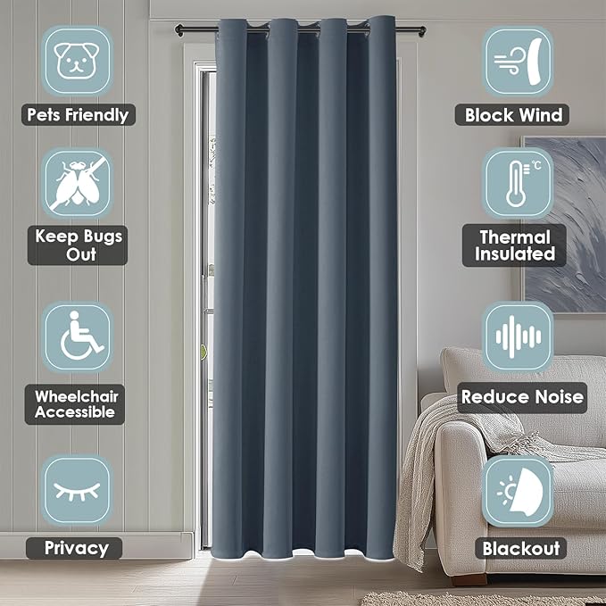 ChrisDowa Blackout Door Curtains for Doorway Privacy, Grommet Closet Curtains for bedroom closet door, Thermal Insulated Temporary Doorway Cover Room Divider Drapes (1 Panel, Stone Blue, 52 x 80 Inch)