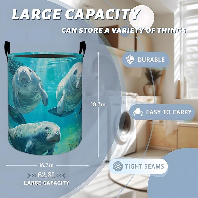 Gentle Manatees Swimming Underwater Laundry Basket with Handles, 19.7"x15.7" Clothes Foldable Laundry Hamper Organizer for Dorm Nursery Bedroom Bathroom Decor, Toy Storage Bin for Kids
