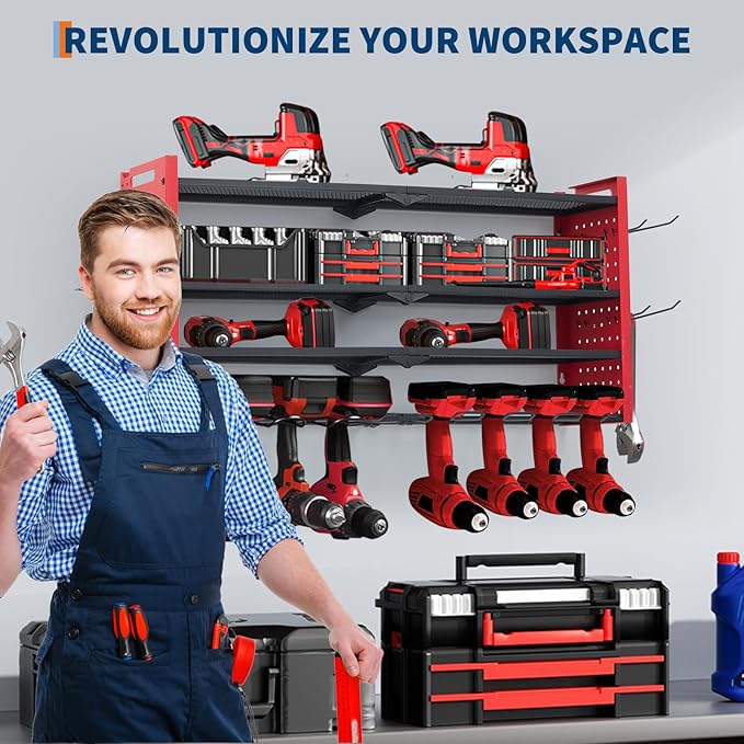 Festisoul Heavy Duty Wall Mount Tool Organizer Rack, 4-Tier Metal Garage Storage with 8 Drill Slots & Hooks, 240 Lbs Capacity Power Tool Organizer for Workshop, Garage, Gift for Men