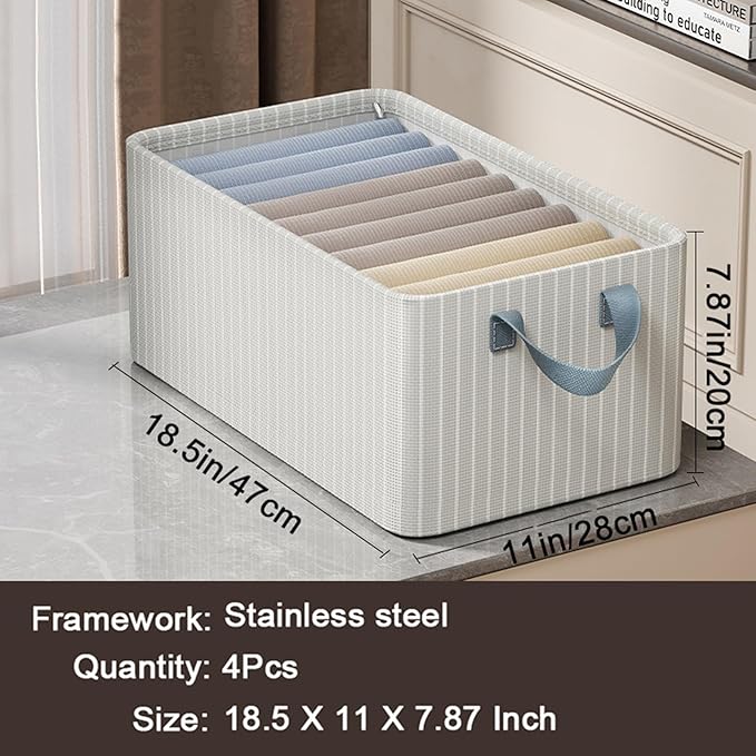 4PCS Closet Clothes Organizer Dustproof Sturdy Storage Baskets Bins 26L Foldable Shelf Containers Bin Support Boards Dust Lid Steel Frame for Sweater Pants T-shirt Dress (Gray-white Stripes - No Lid)