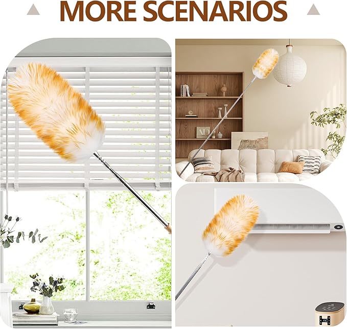 iHUFeather Lambswool Duster for Cleaning with Solid Wooden Handle Leather Hang Strap 87.8" Removable Retractable Feather Duster for Cleaning Ceiling Fans Window Blinds Interior Roof Furniture(2 Pack)