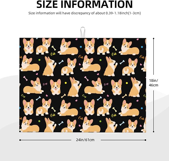Cute Corgi Dish Drying Mat 18 x 24 Inch for Kitchen Counter Cute Kitchen Mat Microfiber Kitchen Countertop Absorbent Reversible Drainer Rack Pad Dog Dish Drying Mat