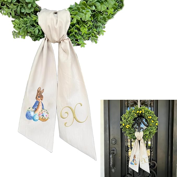 Rabbit Easter Wreath Bow Custom Embroidered Monogram Spring Bunny Wreath Sash for Front Door Hand Tailored Easter Decorations Spring Bows for Wreaths (X)