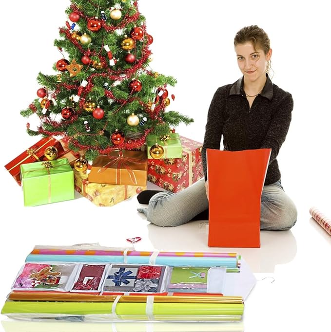 ProPik Hanging Double Sided Wrapping Paper Storage Organizer With Multiple Front And Back Pockets Organize Your Gift Wrap & Gift Bags Bows Ribbons 40”X17" Fits 40 Inch Rolls (White)