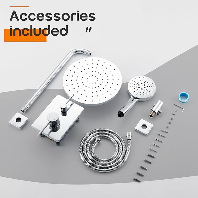 Shower System Set Includes 10-Inch Rainfall Shower Head, 3-Setting Handheld Spray and Pressure Balance Valve, Polished Chrome Wall Mounted SF001CH-D10