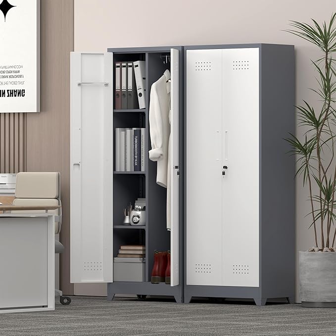 65" H Broom Closet Storage Cabinet, Garage Storage Cabinet with Adjust Shelves,Utility Cabinet,Utility Closet for Garage,Gray-White