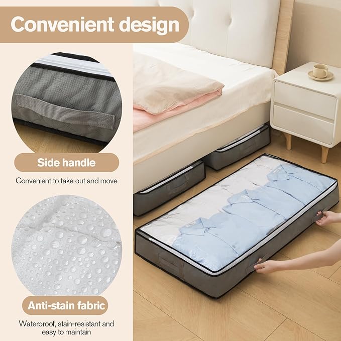 Fasolara 90L Under Bed Storage Containers, Closet Organizers and Storage Bins, Foldable Underbed Storage Bags for Wrapping Paper, Blanket, Clothing, Comforter, Sweaters, Pillows, Linen Sheets, grey