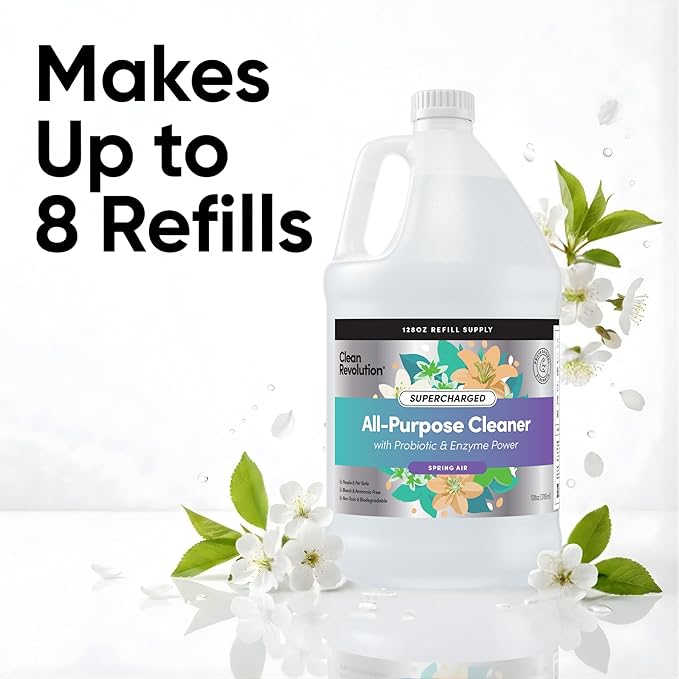 Clean Revolution SuperCharged All Purpose Cleaner Refill with Smart Probiotic + Enzyme Complex, Multi-Surface Kitchen Bathroom & Floor Cleaner, Spring Air, 128 Fl Oz