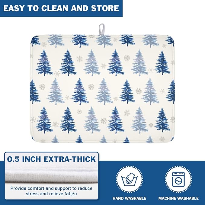 ABSOP Winter Dish Drying Mat 18 x 24 Inch Blue Tree Dish Drying Pad Absorbent Microfiber Mats for Snowflake Dish Rack Pad for Holiday Kitchen Counter Coffee Bar Decor
